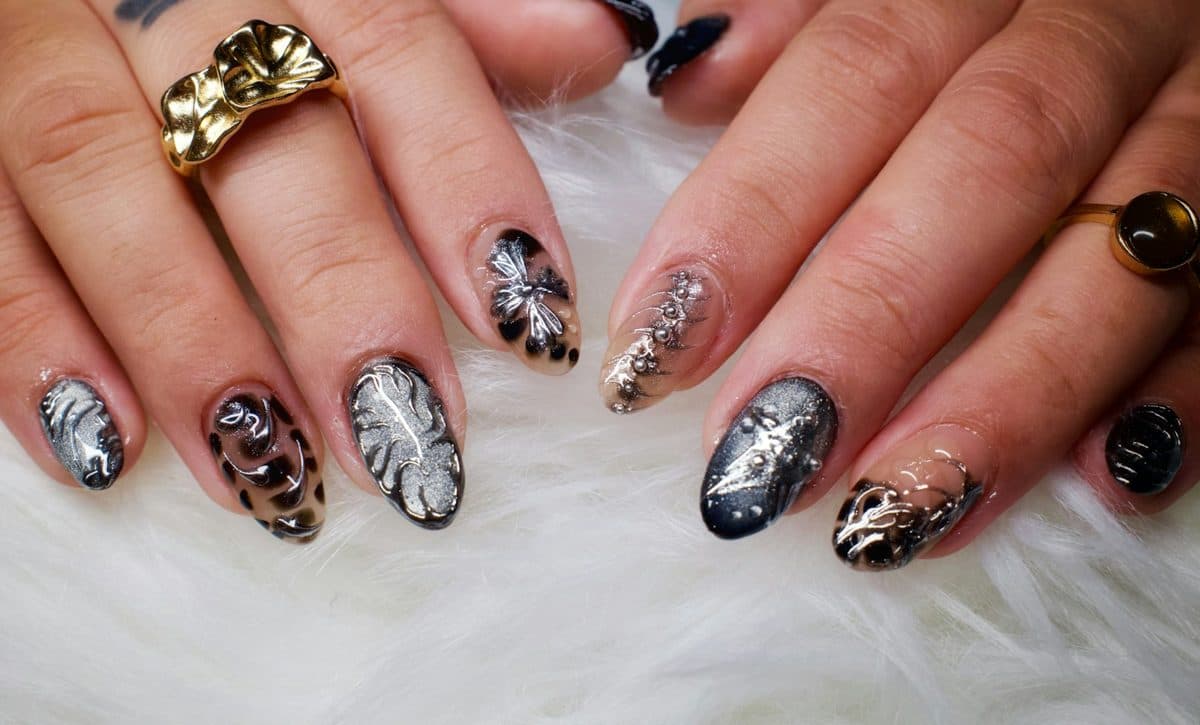 Black Gold Leaf, almond medium nails