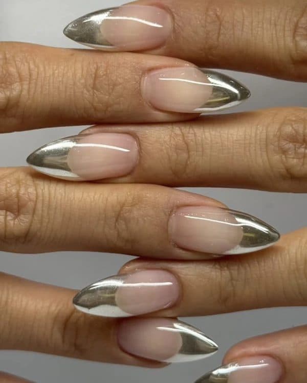 Chrome French, almond long nails