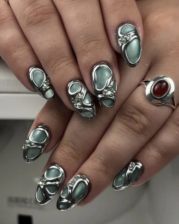 Liquid Metal, almond medium nails