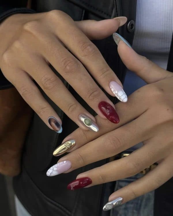 Long almond nails in red, chrome and marble