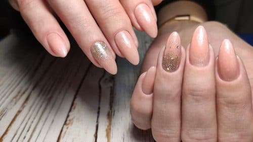Peach Shimmer, almond long nails