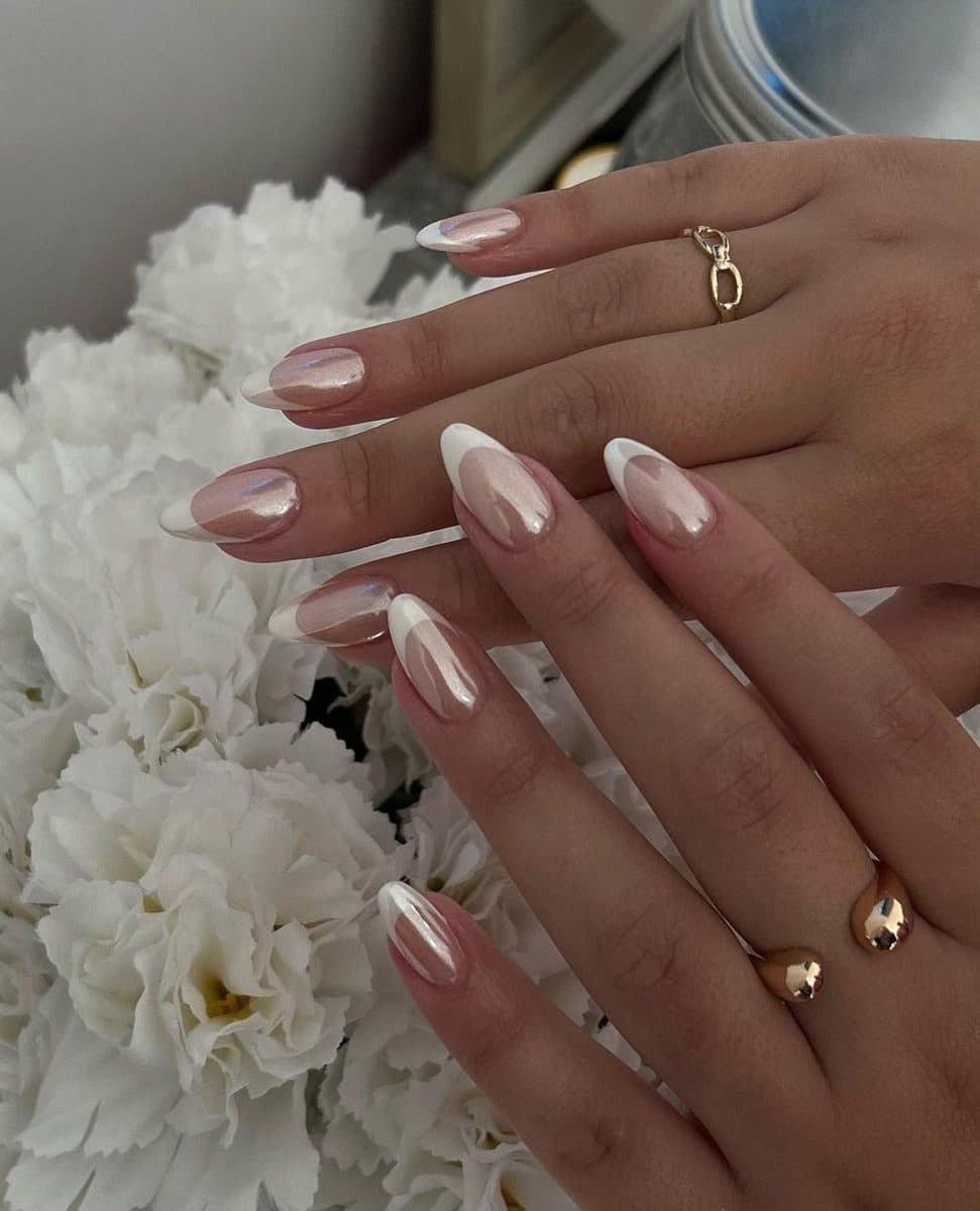 Pearl Chrome French, almond long nails