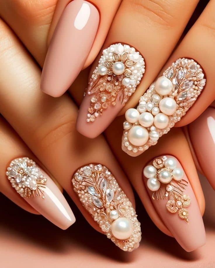 Coffin nails encrusted with pearls and crystals