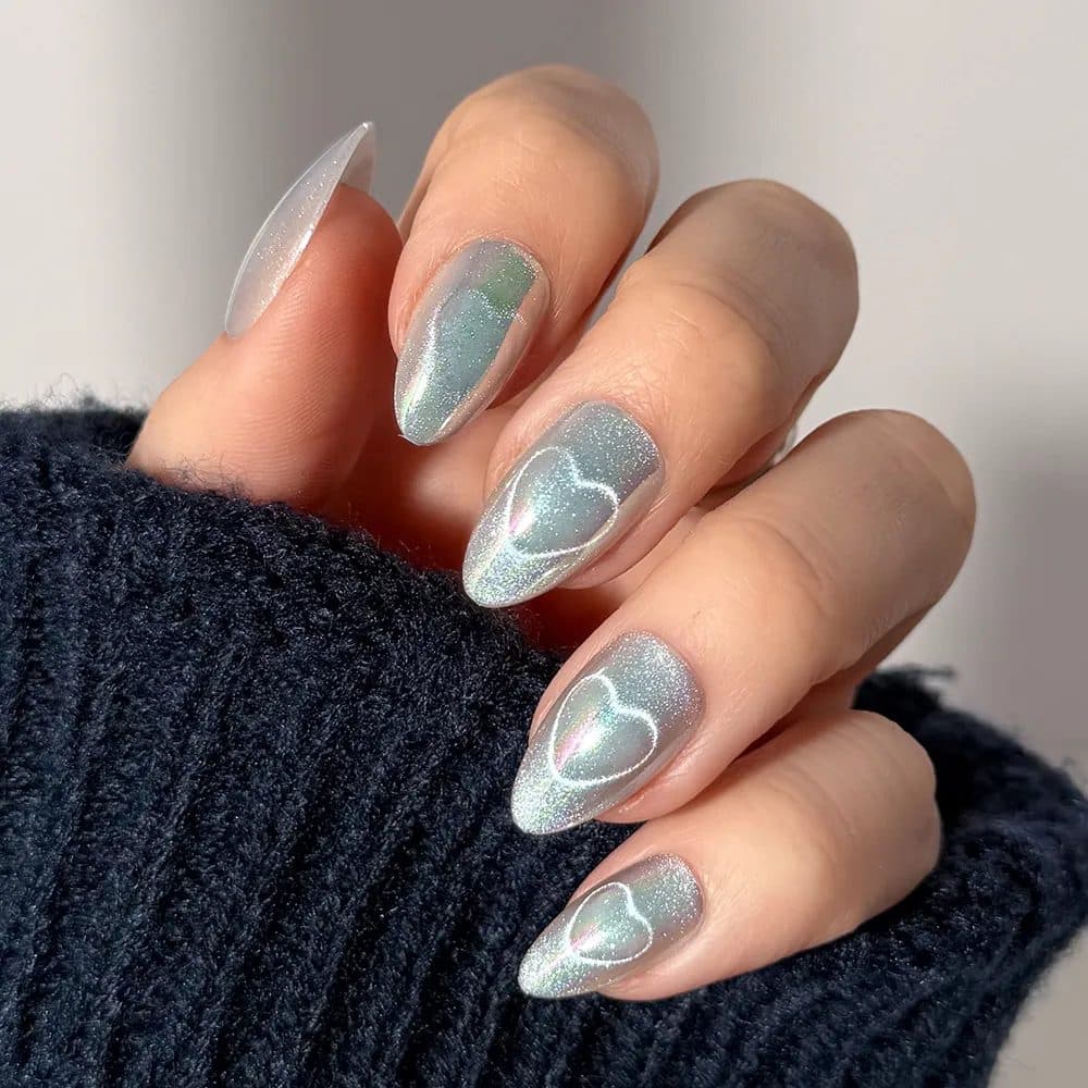 Silver Velvet Heart, almond long nails