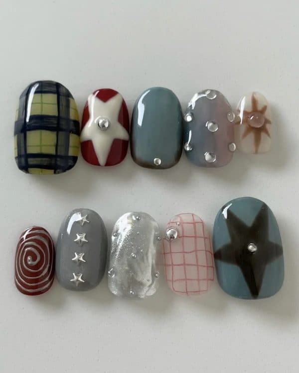 Tartan & Stars, oval short nails