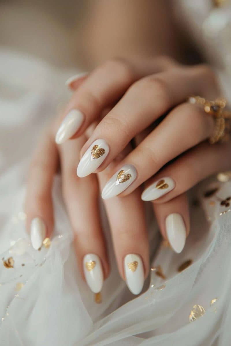 Gold Hearts, almond long nails