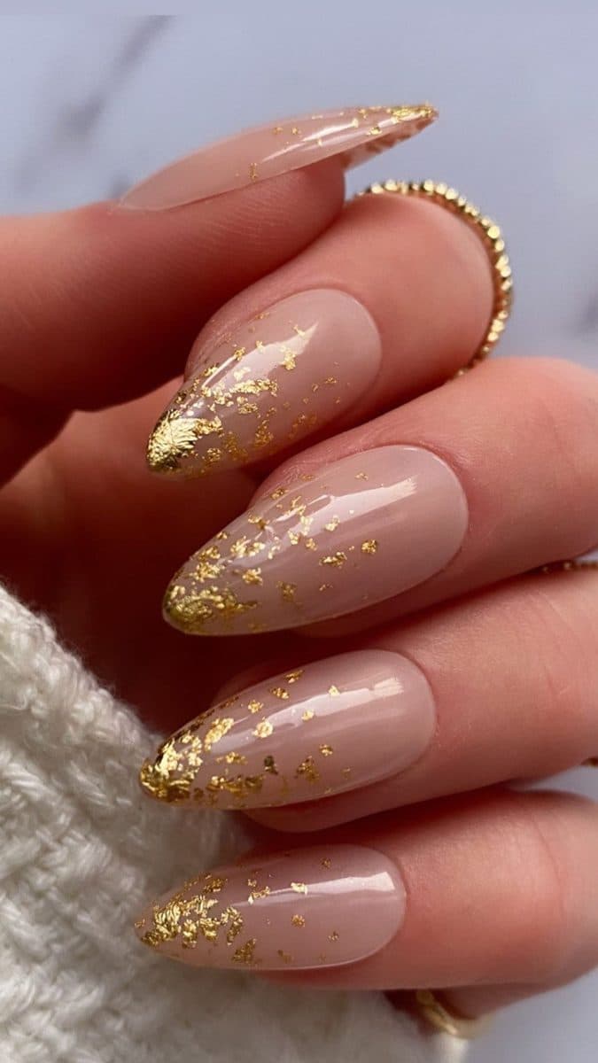 Gold Leaf Ombré, almond long nails