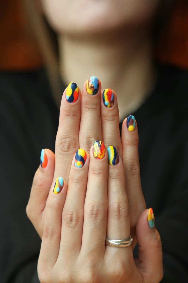 Rainbow Splash, oval short nails