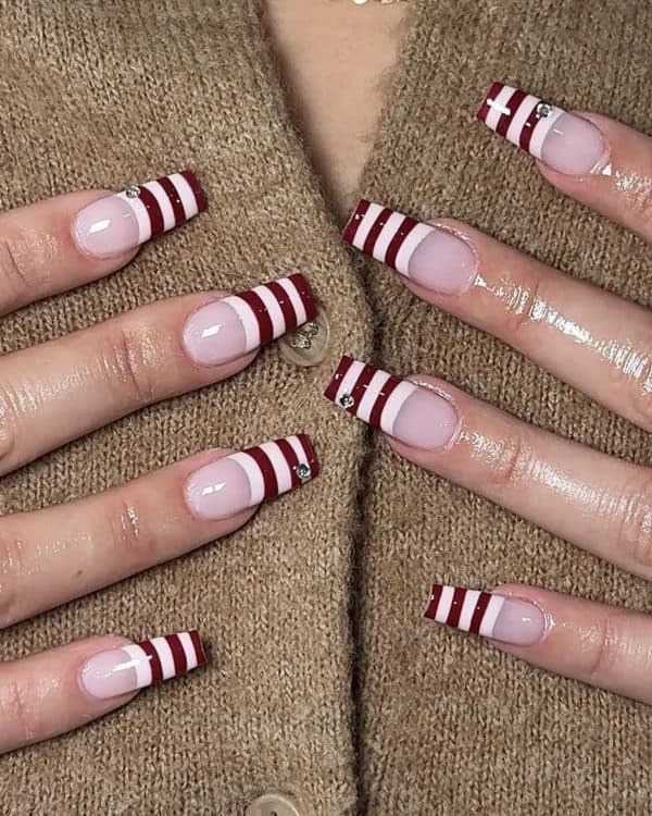 Striped French, square medium nails